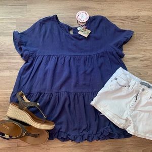 NWT Dusty Blue Tiered Top Ruffled Sleeves Size S